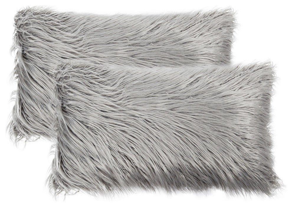 Mongolian Faux Fur Pillow Shell Set, Gray, 14"x26"