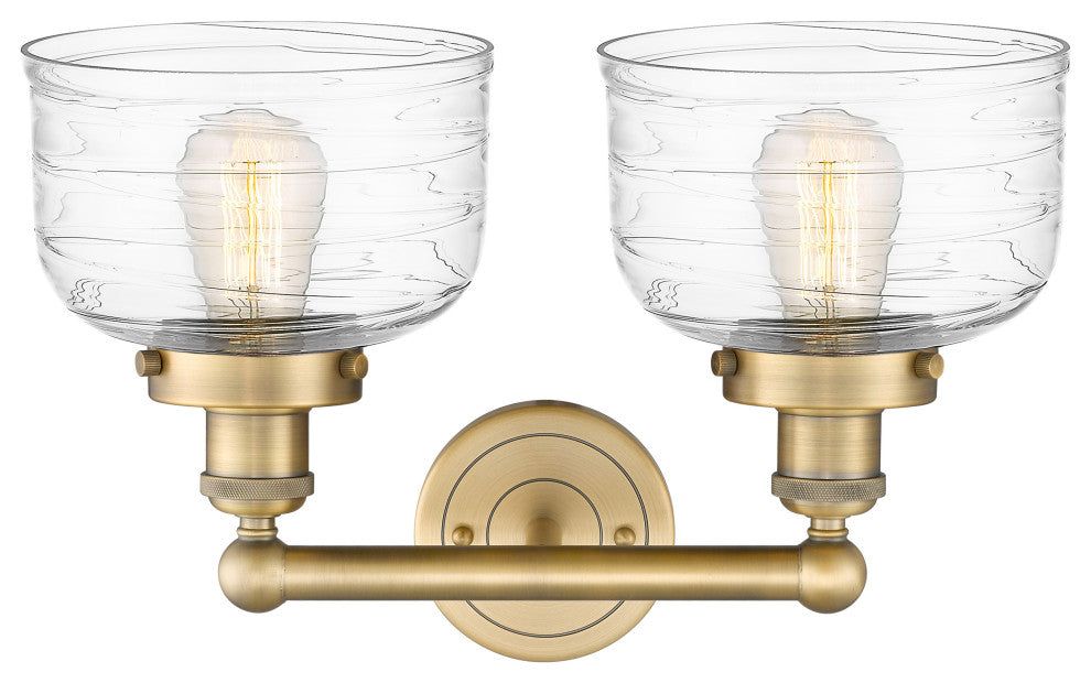 Edison Large Bell 2-Light 16" Bath Vanity Light, Brushed Brass, Clear Deco Swirl
