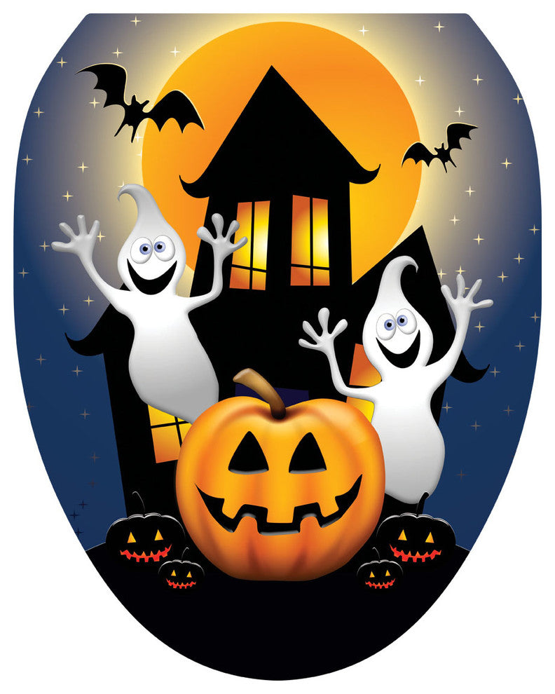 Ghost House Toilet Tattoos Seat Cover, Vinyl Lid Decal, Halloween Bathroom, Elongated