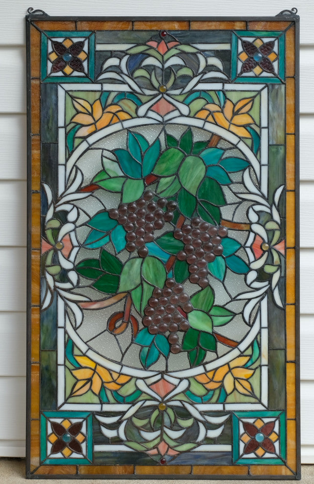 20" x 33.75" Large Handcrafted glass window panel Grape W/ Vine