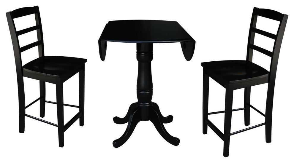 42" Round Pedestal Gathering Height Table with 2 Counter Height Stools, Black