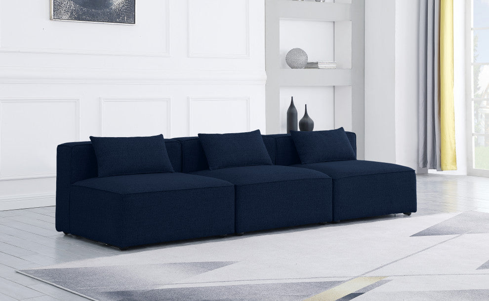 Cube Upholstered Modular Sofa, Navy, 3-Piece: 3 Armless Chair, Linen Texured Fabric
