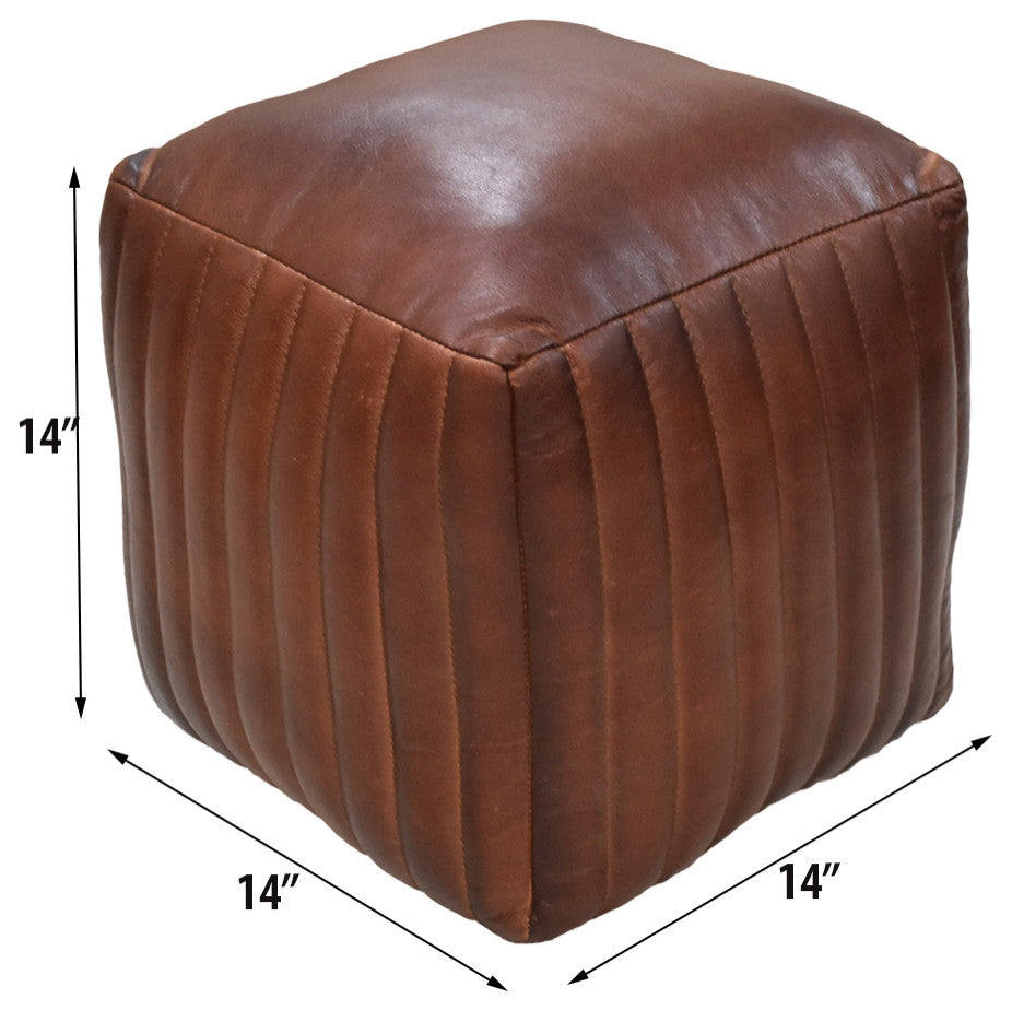 Poufs-Solid Handmade Goat Leather Pouf, Recycled Cotton Fill, Brown, 18x18x18  Square