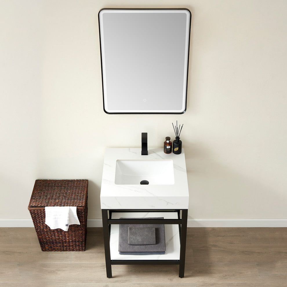 Funes Bath Vanity with Mirror, Matte Black Support, 24'''', White Stone Top
