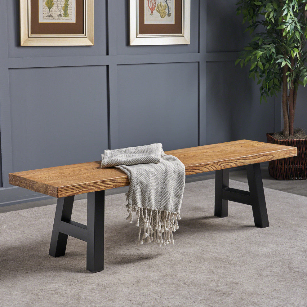 GDF Studio Edward Indoor Light Weight Concrete Dining Bench, Natural Oak
