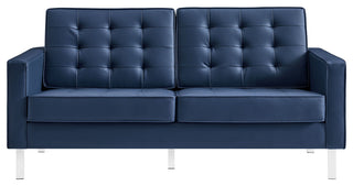 Loft Tufted Upholstered Faux Leather Loveseat Silver Navy