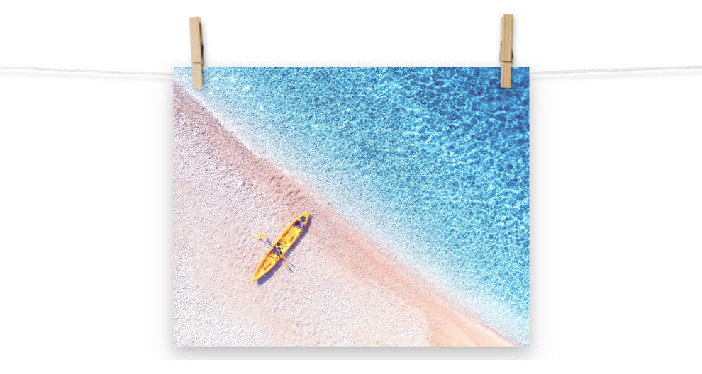 Yellow Canoe and Blue Sea by with Violet Glow Landscape Photo Loose Art Print, 11" X 14"