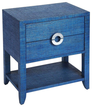 Ocean Blue Raffia Nightstand with Drawers