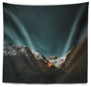 Fire in Rugged Mountains Landscape Wall Tapestry, 80"x68"