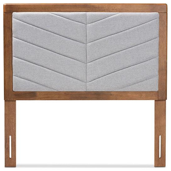 Light Grey Fabric Upholstered and Walnut Brown Finished Wood Twin Size Headboard