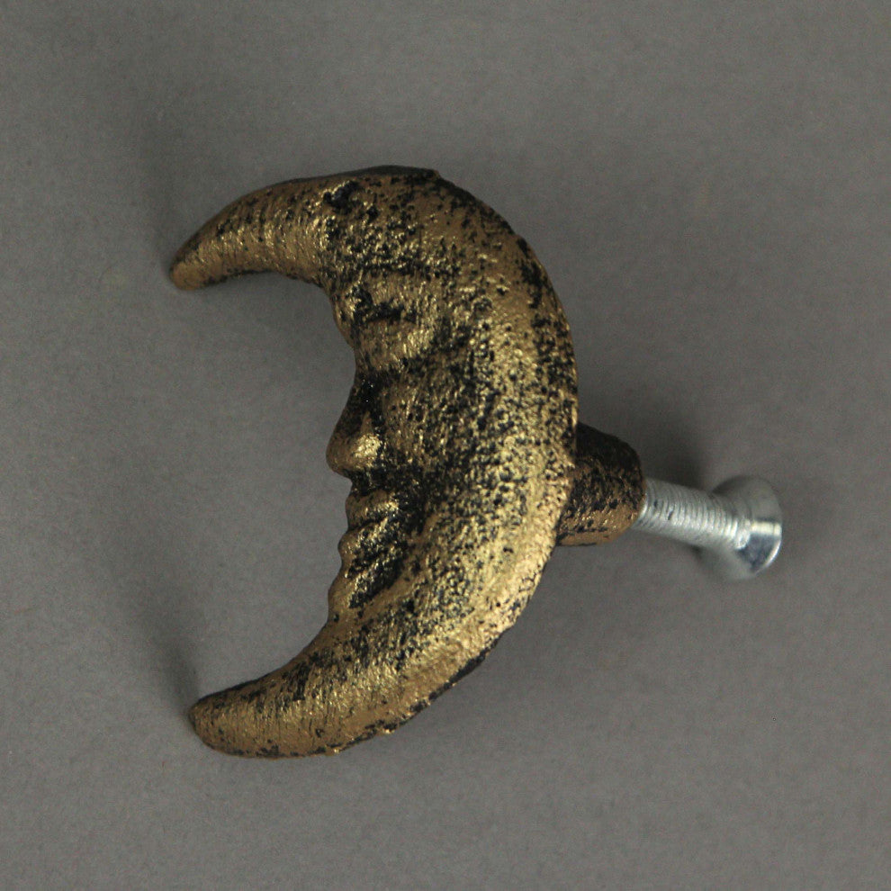 Set of 6 Gold Cast Iron Crescent Moon Face Drawer Pulls Decorative Cabinet Knob