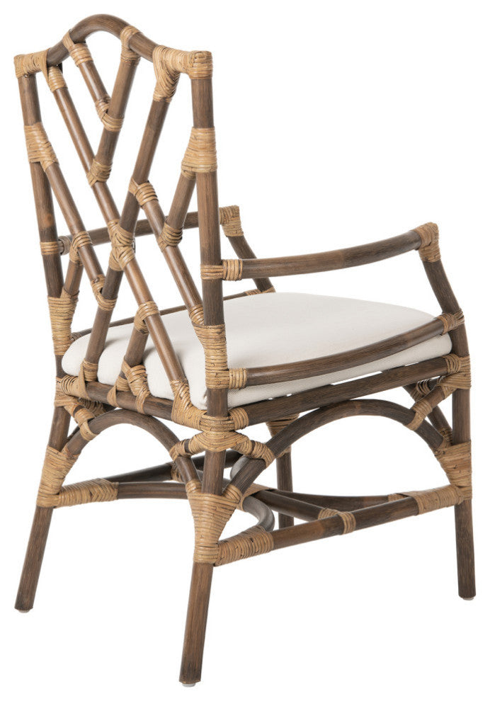 Rattan Chippendale Upholstered Dining Armchairs, Antique Brown, Set of 2