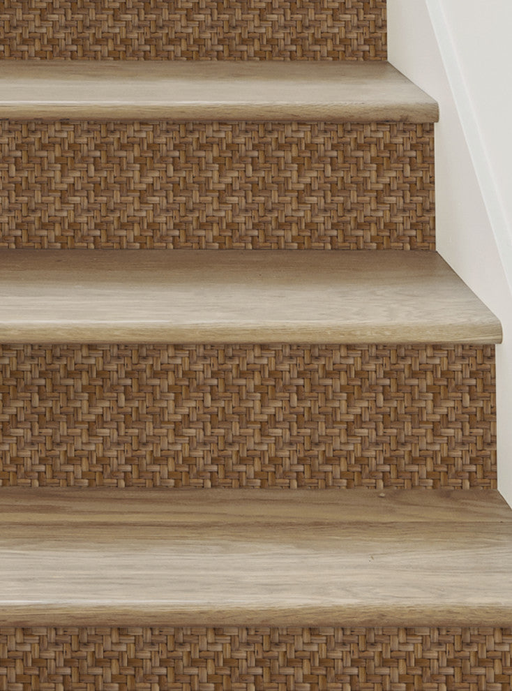 Wicker Weave Peel and Stick Stair Riser Strips, Brown, 48"x7", Set of 6