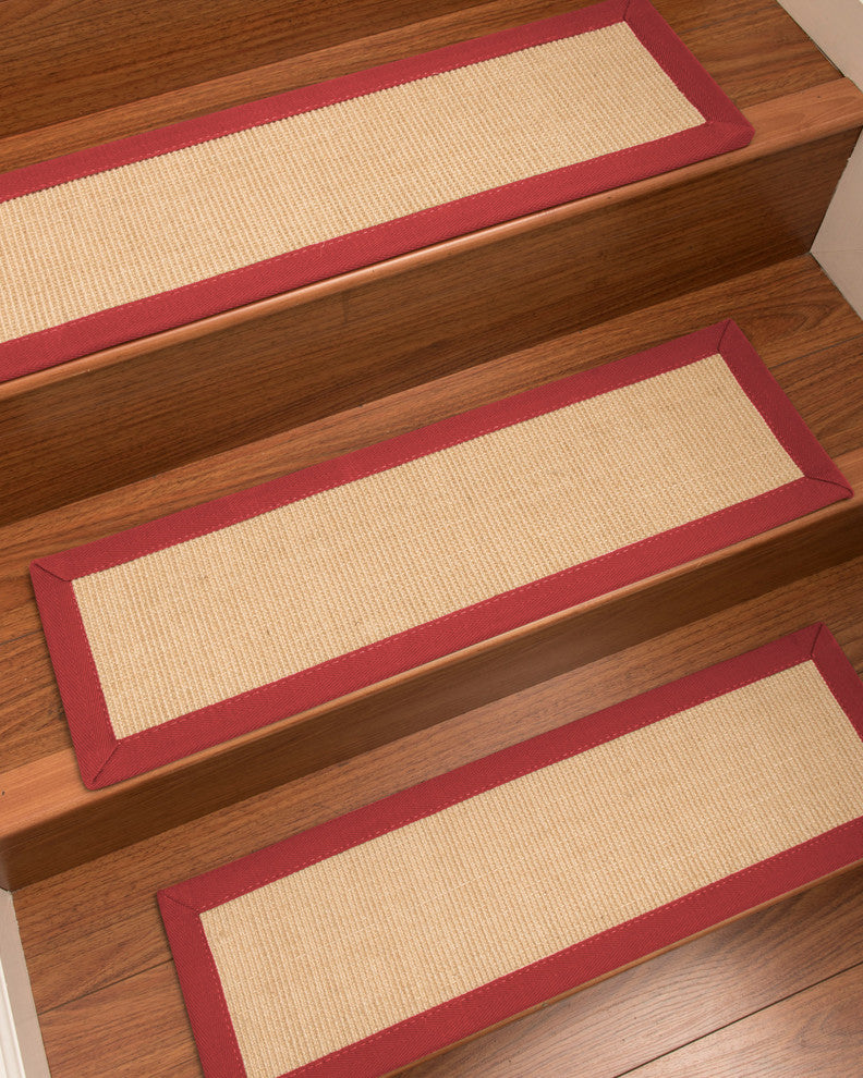 Deco Hand-Crafted Sisal Stair Treads, Stair Carpets with Wide Cotton Border, Red