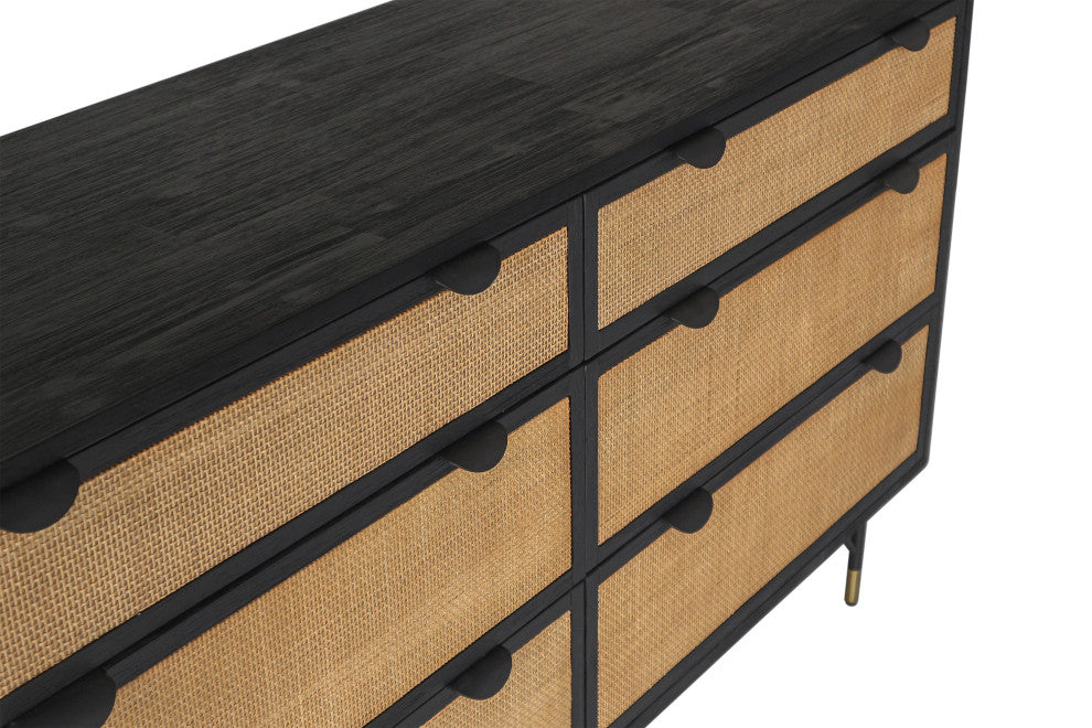 Saratoga 6 Drawer Dresser in Black Acacia with Rattan