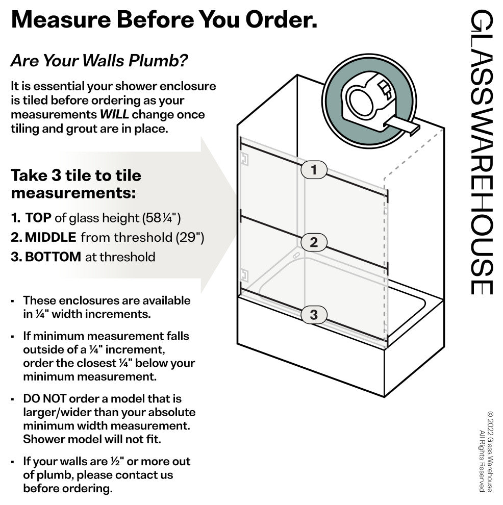 58.25"x52" Frameless Shower Bath Door Wall Hinge, Satin Brass