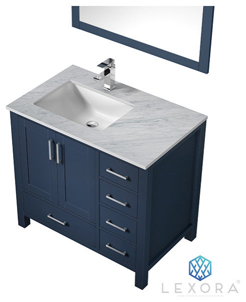 Jacques 36" Vanity, Wht Carrara Marble Top w/ 34" Mirror, Navy Blue, Left