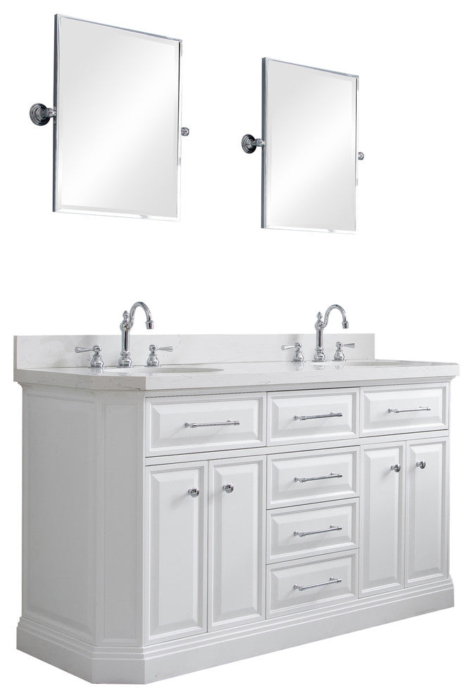 60" Palace Quartz Carrara Pure White Vanity With Hardware, Faucets, Mirror