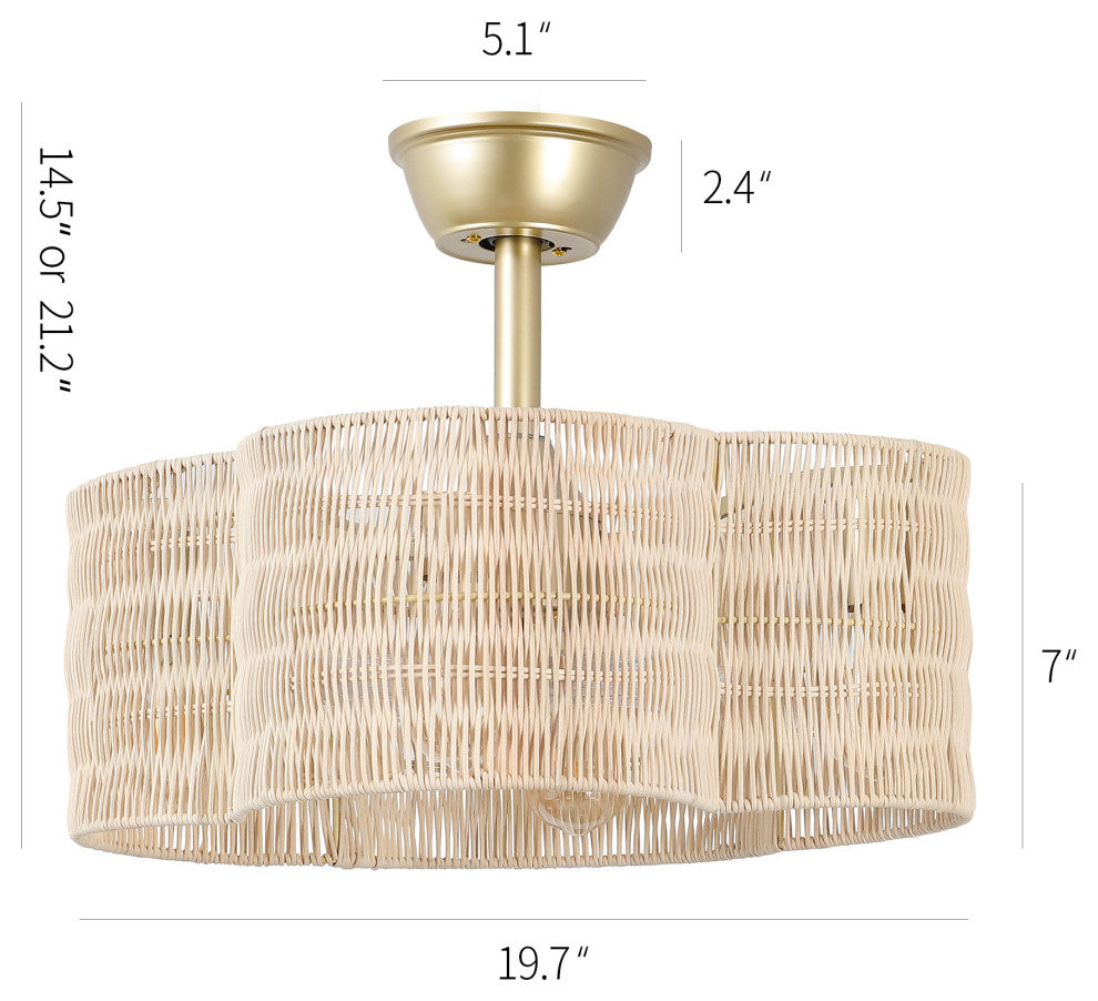 GetLedel 19.7" Scalloped Rattan Ceiling Fan With Remote and Light, Beige