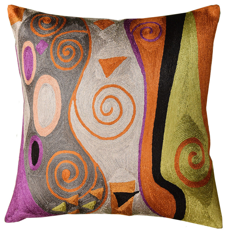 Klimt Decorative Pillow Green Gray Tree Of Life Art Silk Handembroidered 18x18"³