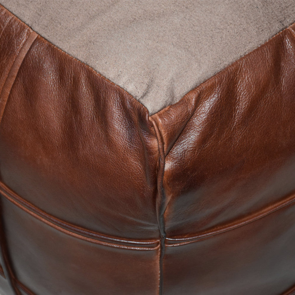 Pouf-Solid Handmade Leather Pouf (Recycled Foam with Fiber Fill), Brown, Square, 16x16x16