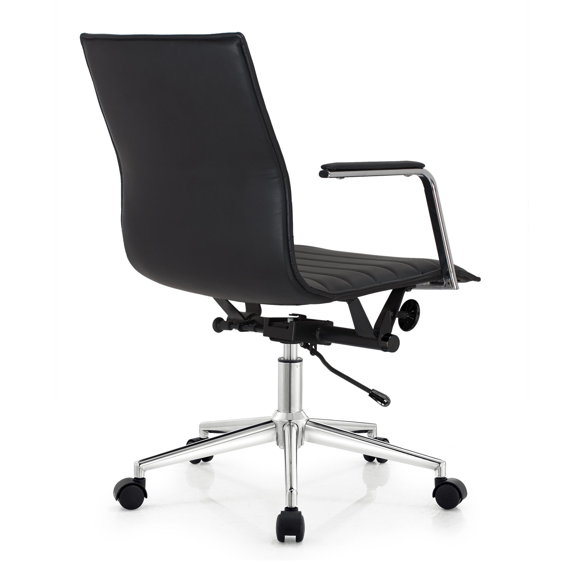 Modern Office Arm Chair With Wheels  Mid Back Ribbed PU Leather Adjustable, Black
