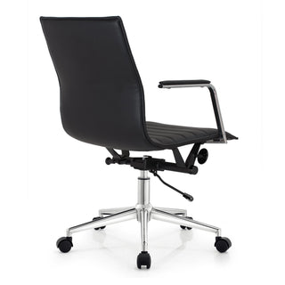 Modern Office Arm Chair With Wheels  Mid Back Ribbed PU Leather Adjustable, Black