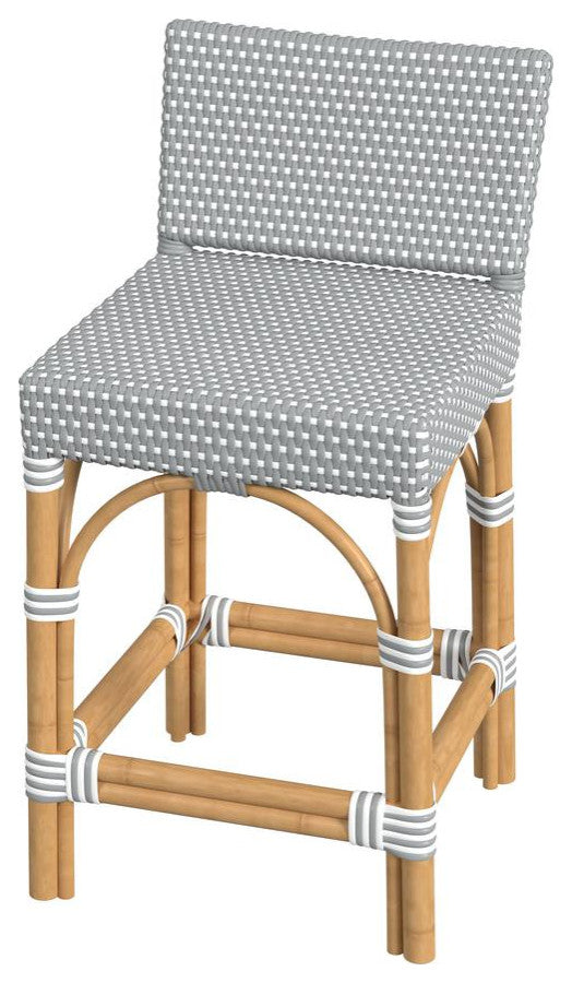 Serienna Rectangular Rattan Low Back 24.5 Counter Stool, Gray and White