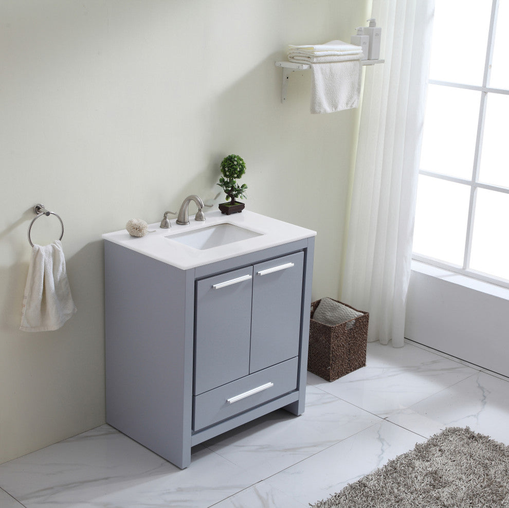 30" Single Bathroom Vanity, Grey With Ivory White Quartz