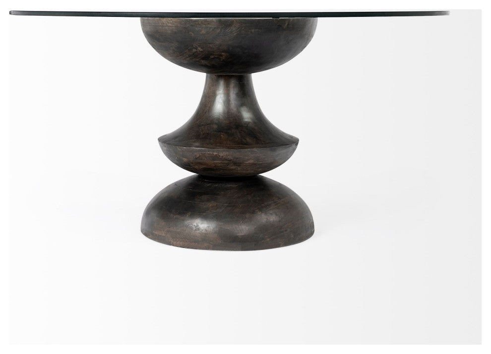 60" Clear Brown Rounded Glass Solid Manufactured Wood Pedestal Base Dining Table