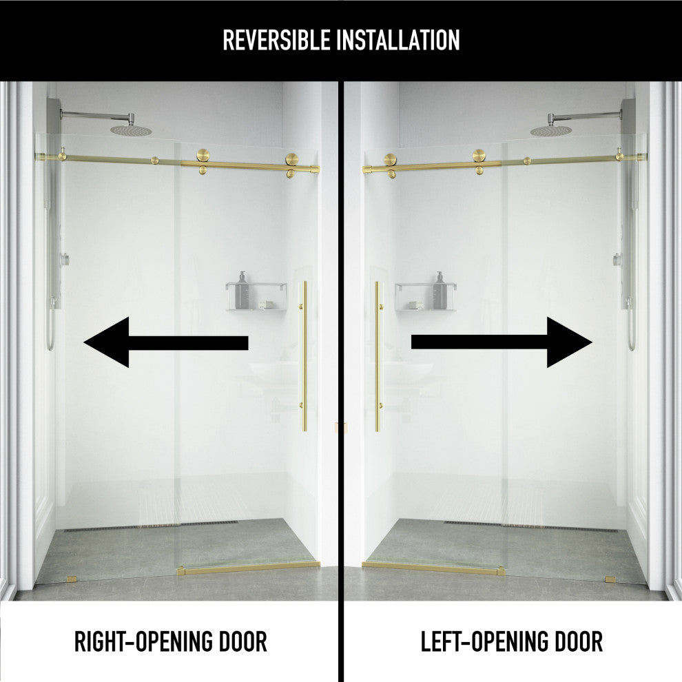 VIGO Elan E-Class 52" to 56" W x 76" H Frameless Sliding Shower Door, Matte Gold, Clear Glass