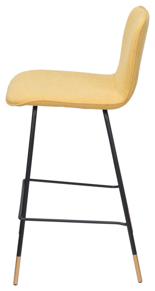 Counter Stool Chair, Steel Metal, Fabric, Yellow, Black, Gold, Mid Century Cafe