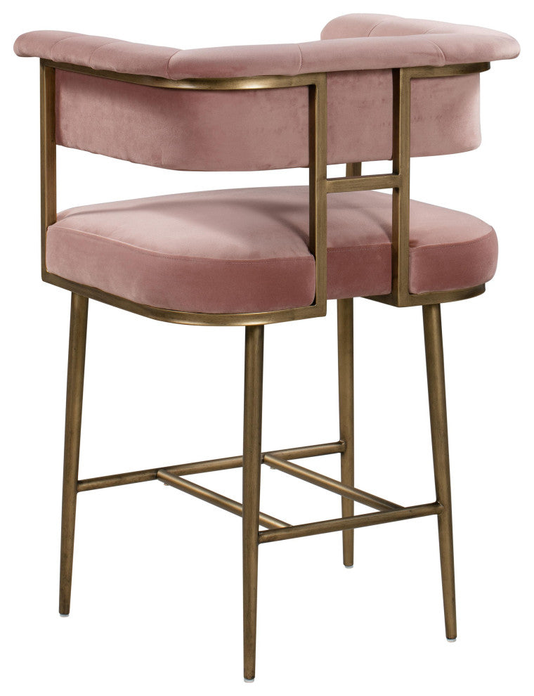 Blush Pink Velvet Counter Stool, Contemporary Modern Brass Gold Counter Stool