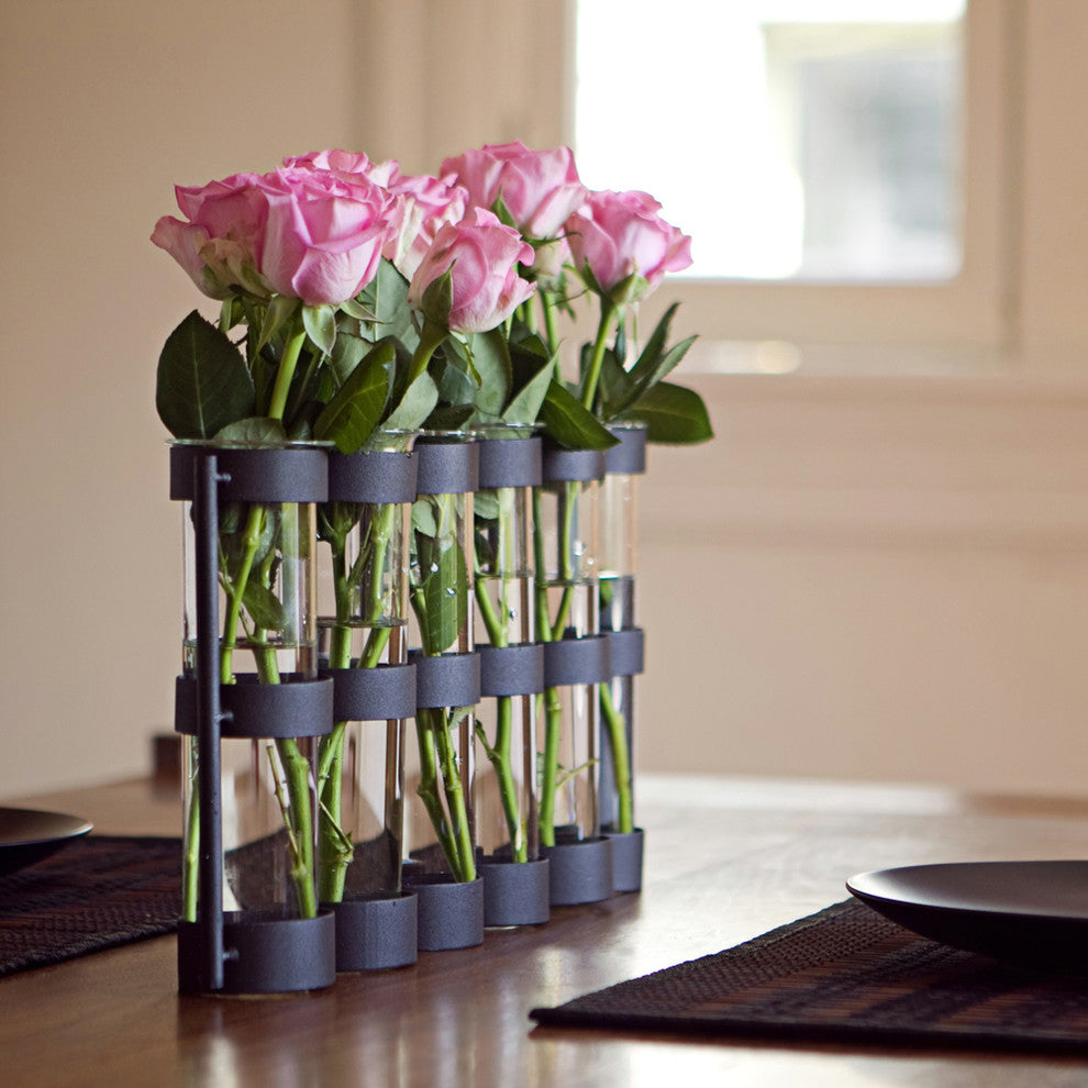 6 Wide Tube Hinged Vases, Black