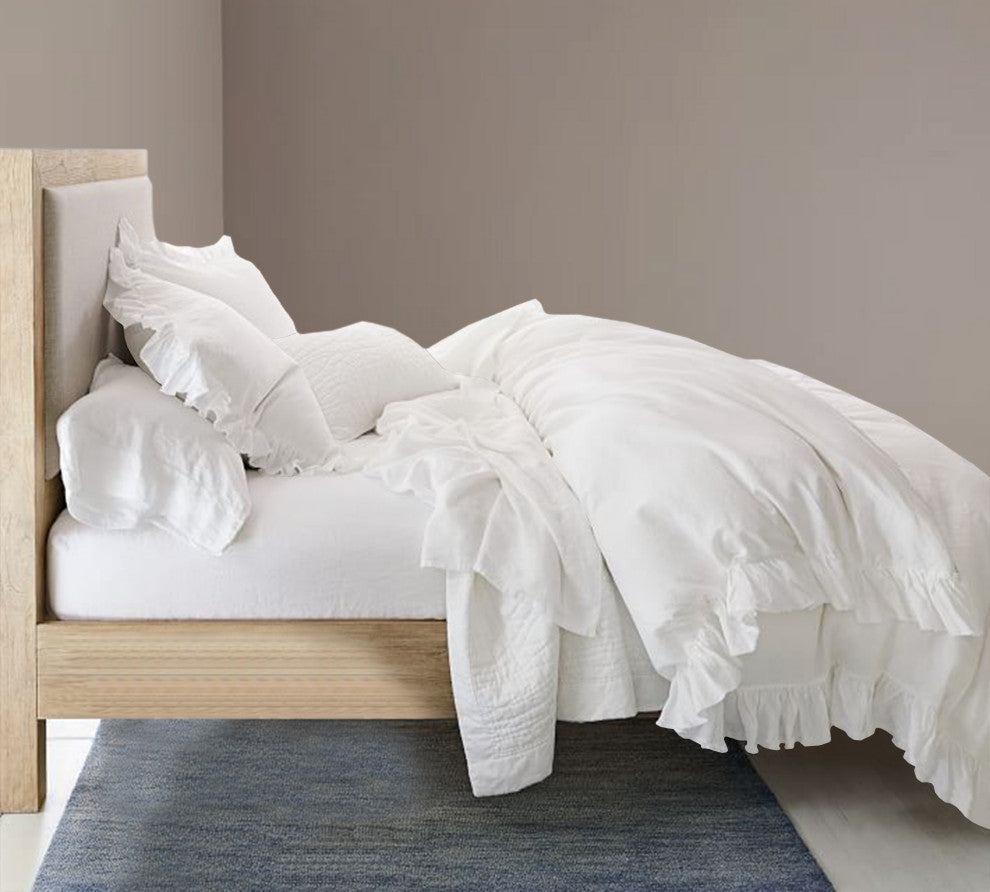 Organic Cotton 300 TC GOTS Certified 8 Internal Ties Ruffled Duvet Set, White, King(108"x92")