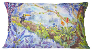 Jungle With Bird Toucan On Tree Landscape Printed Throw Pillow, 12"x20"