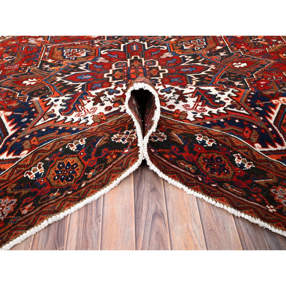 Chili Red Worn Wool Hand Knotted Vintage Persian Heriz Oriental Rug 7'5"x8'10"