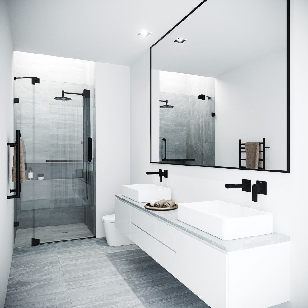 VIGO Pirouette 30" to 36" W x 72" H Frameless Pivot Shower Door, Matte Black, Clear Glass