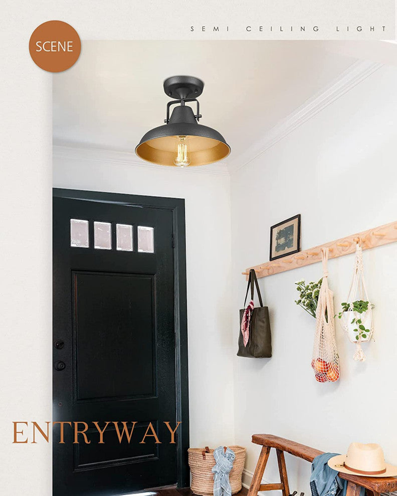 Industrial Semi Flush Mount Light Fixture, Farmhouse, Black