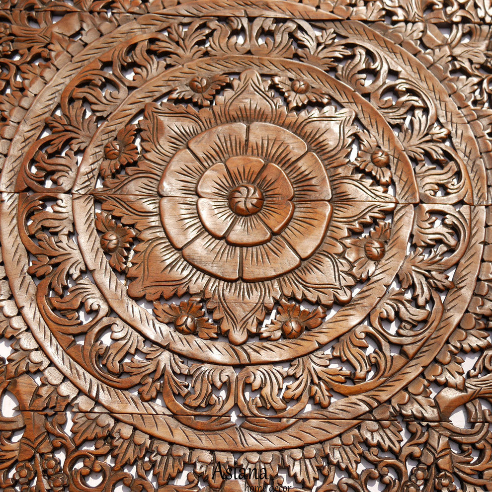 Tropical Floral Wood Carved Wall Panel. Unique Asian Home Decor, Dark Brown