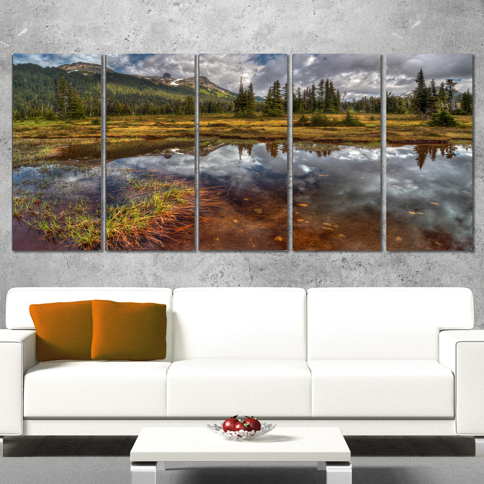 Shallow Lake under Cloudy Sky, Landscape Canvas Print, 60"x28", 5 Panels
