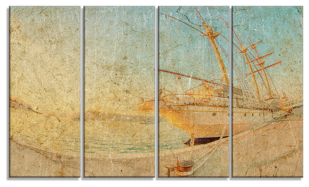 "Old Sailing Ship in Sunlight" Extra Large Seascape Art Canvas, 4Panel, 48"x28"