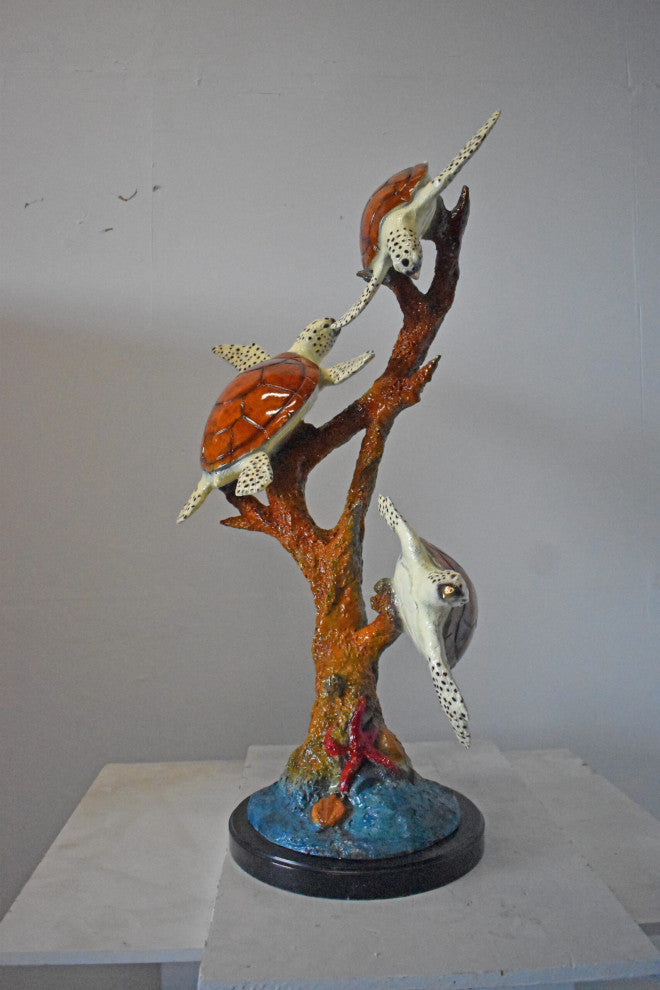Three Turtles with Coral Bronze Statue - Size: 32"L x 32"W x 41"H.