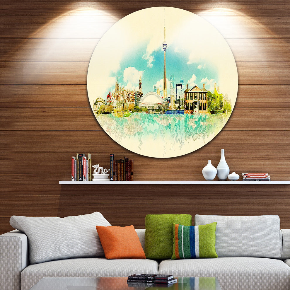 Toronto City Watercolor, Cityscape Painting Round Wall Art, 23"