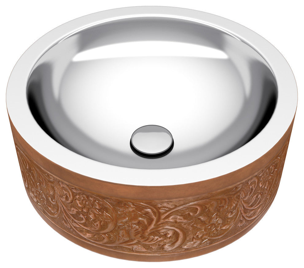 Fleet 16" Handmade Sink, Polished Antique Copper, Floral Design Exterior