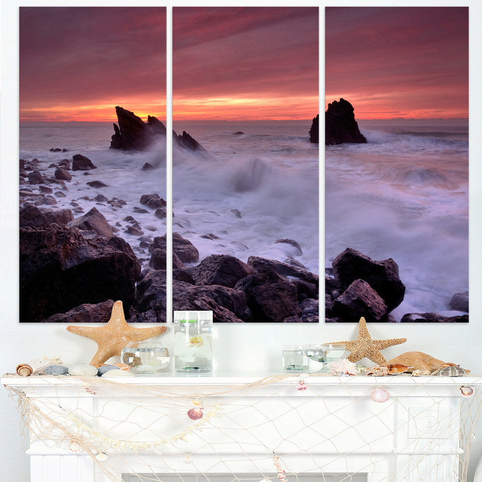 "Force of Sea Hitting Rocky Coast" Metal Wall Art, 3 Panels, 36"x28"