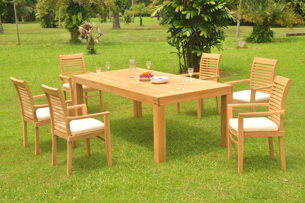 7-Piece Outdoor Teak Dining Set: 86" Rectangle Table, 6 Mas Stacking Arm Chair
