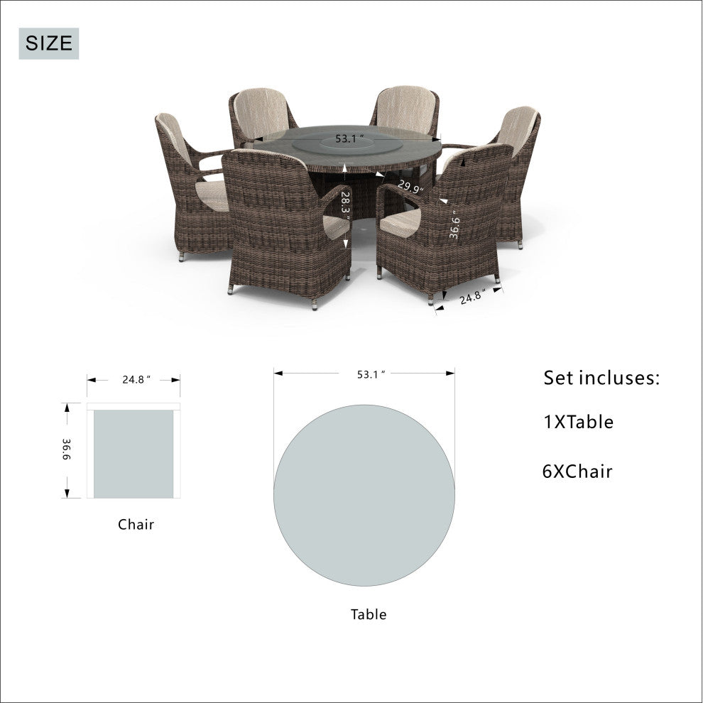 6-Seat Brown Wicker Round Outdoor Dining Set with Beige Cushions