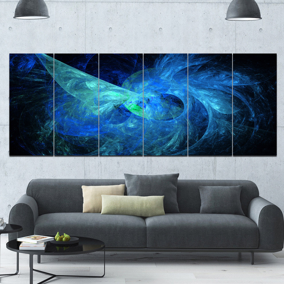 Blue on Dark Fractal Illustration, Abstract Canvas Art Print, 70"x28", 6 Panels