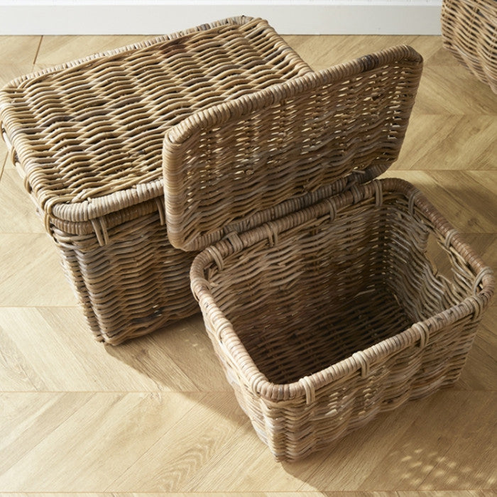 Set of 2 Large Rattan Storage Baskets with Lids Handles Trunks Linens Clothing